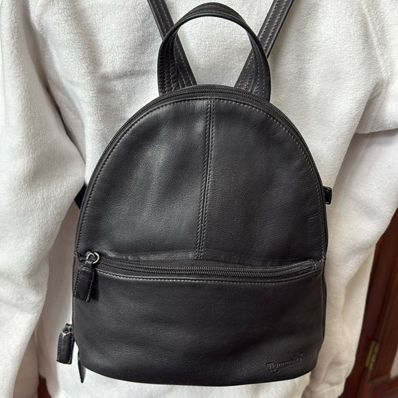 Tignanello backpack  mini backpack leather  black  2 exterior zipper pockets EUC main image 5